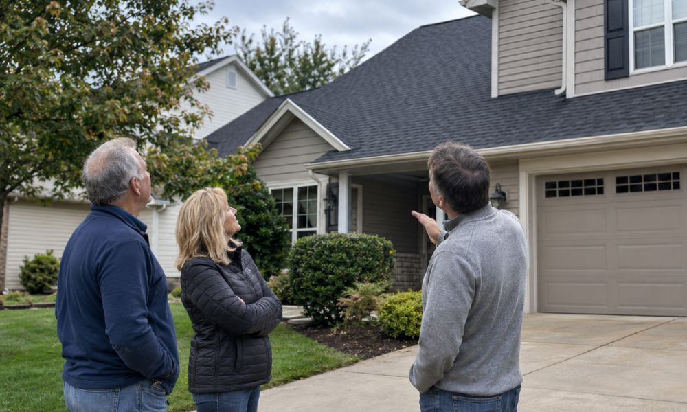 Homeowner talking with neighbors in front of a suburban house while they look up at the roof and discuss when it was replaced.