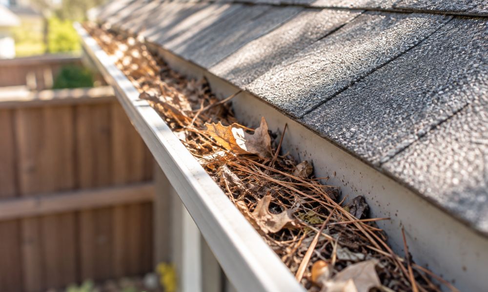 Dry pine needles, leaves and debris collected in a roof gutter beside asphalt shingles
