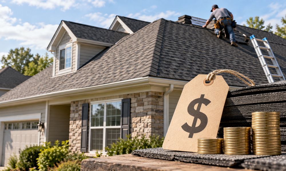 Roof replacement costs illustrated by a roofer working on a house, with a dollar sign price tag and stacks of coins in the foreground