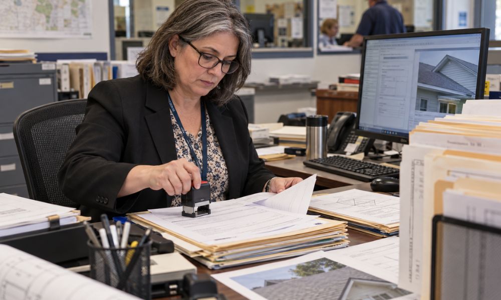 Clerk at a city permit office reviewing and stamping roofing permit paperwork while checking property records at a desk