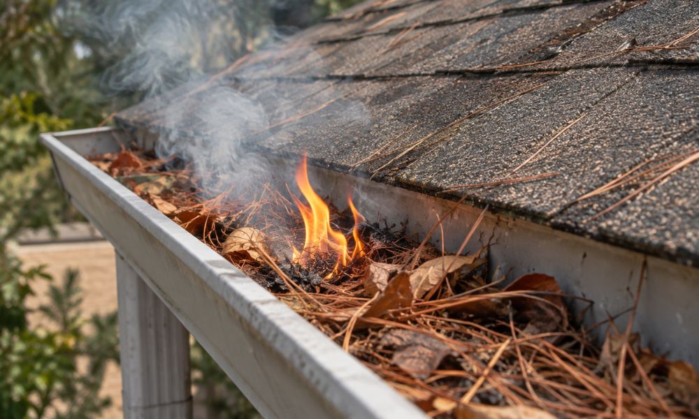 Dry leaves and pine needles burning inside a roof gutter beside asphalt shingles