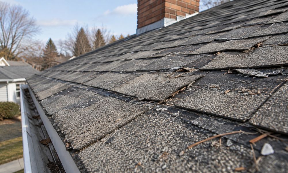 Close-up of an aging asphalt shingle roof with cracked, curling shingles, worn surfaces and visible deterioration.