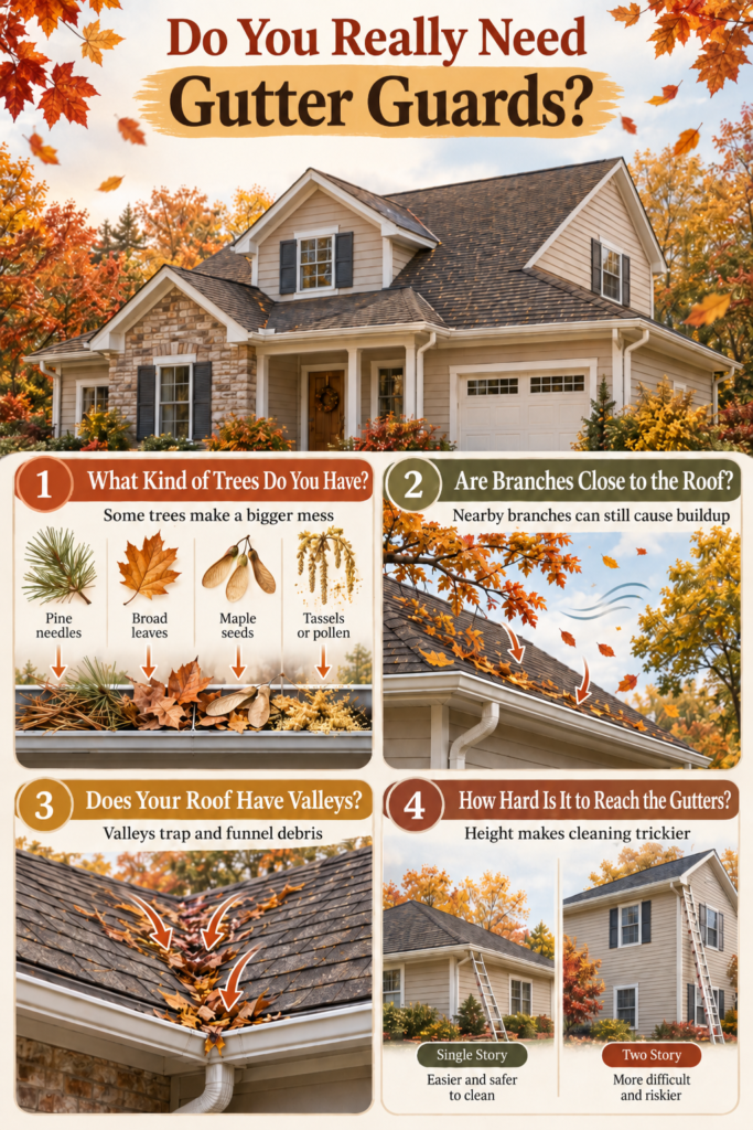 Infographic showing four factors that affect the need for gutter guards: tree debris, nearby branches, roof valleys, and house height.