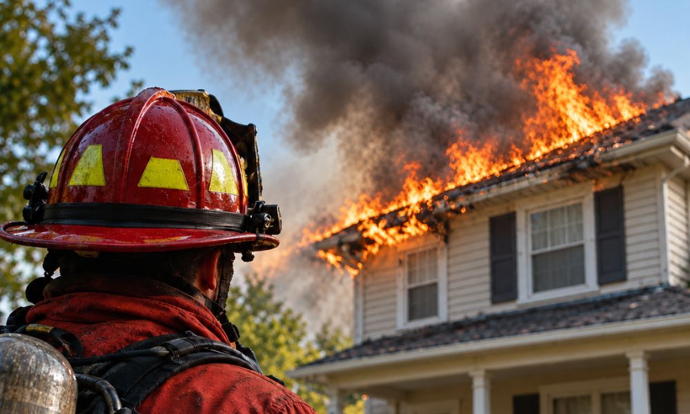 daj alt slikeFirefighter watching flames spread along a house roof edge and gutter