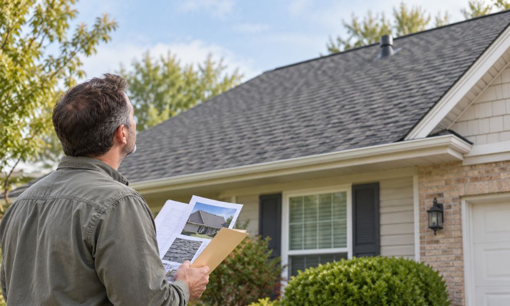 Homeowner examining roof documents and inspecting asphalt shingles to determine the age of a house roof.