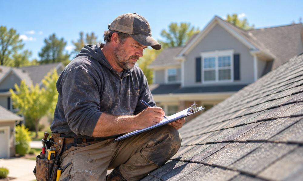 Experienced roofing contractor inspecting asphalt shingles and taking notes to prepare a roof replacement estimate.